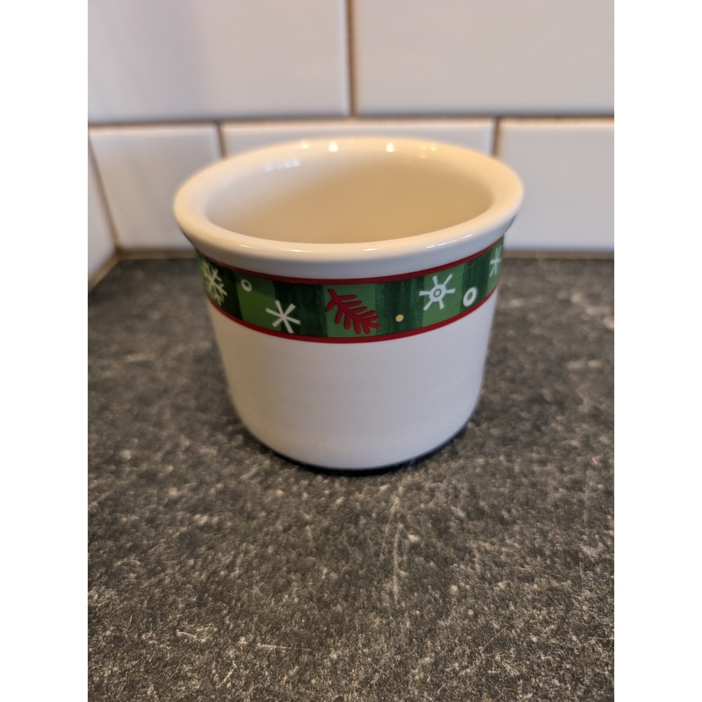 Longaberger Christmas Snowflake Evergreen Ceramic Crock White Green Red 3.5in